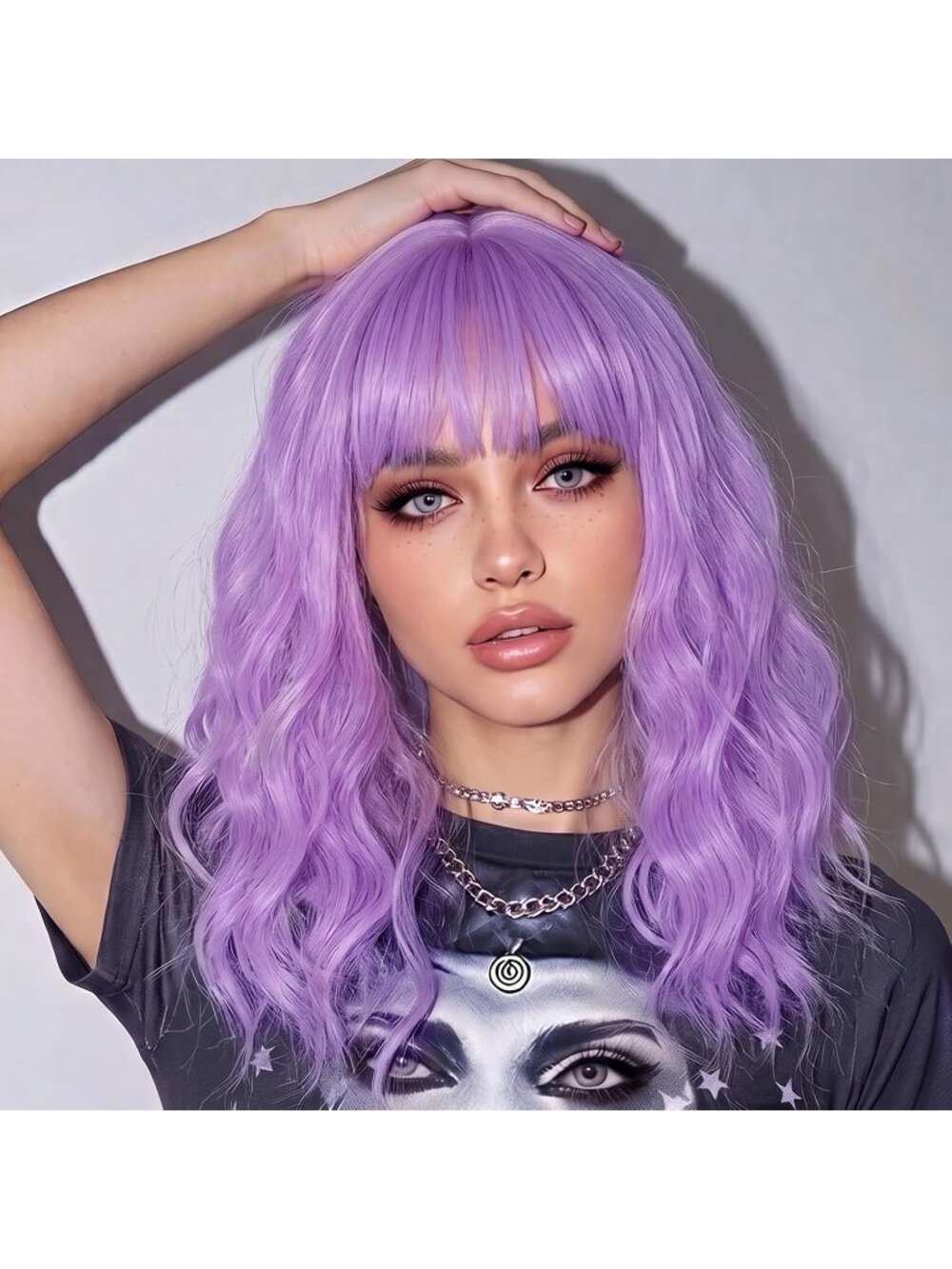 Woman's light purple Curly Bob Wig with Bangs Short Wavy Synthetic Hair Wig